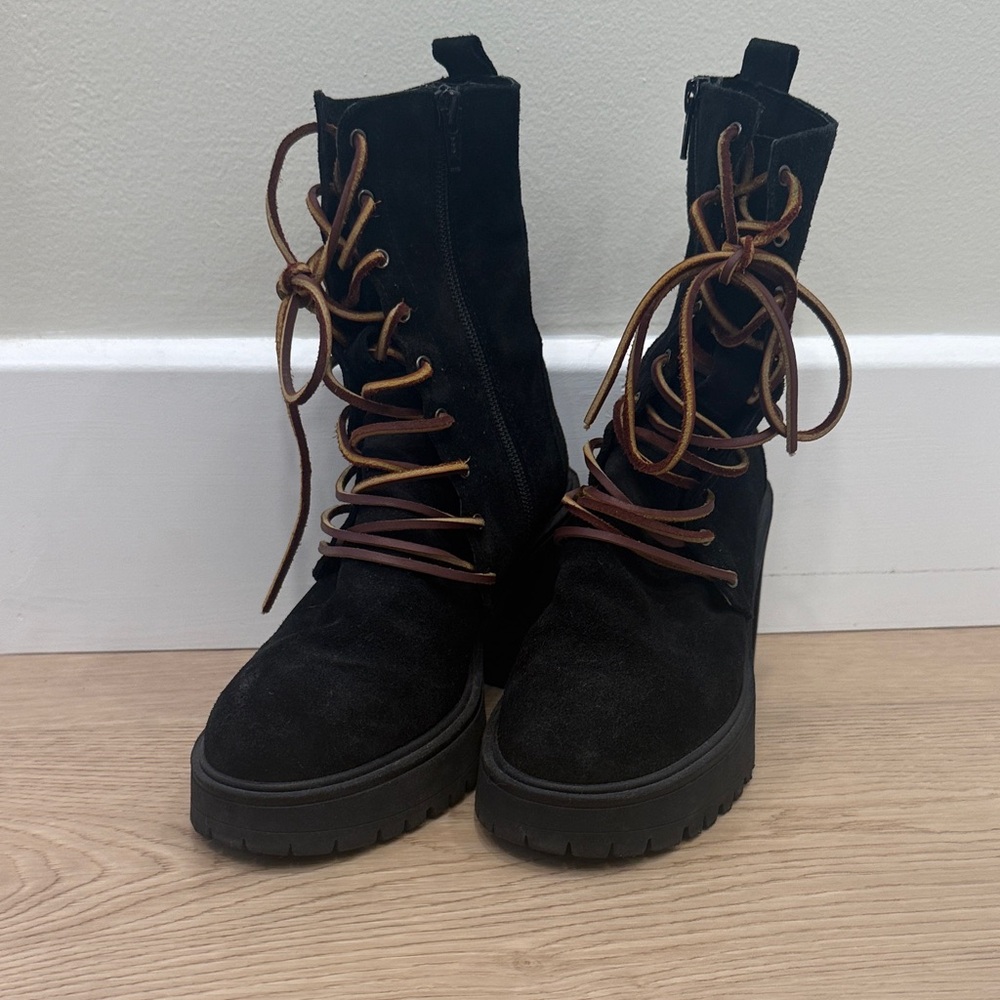 Free People Black and Brown Lace-Up Combat Boots